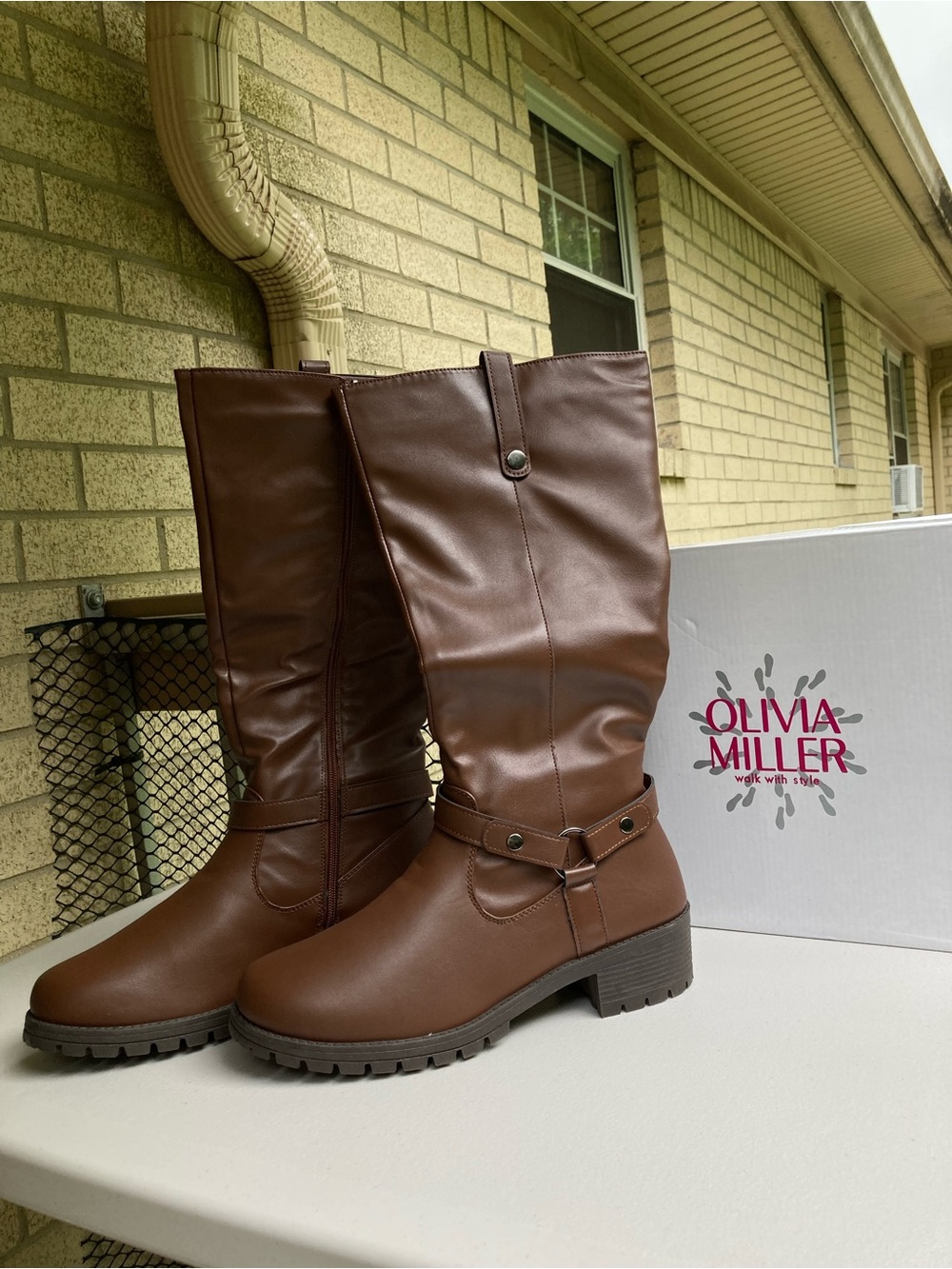 Olivia Miller Tall Brown Boot Omra High Shaft Faux Leather Harness Boot Size 8